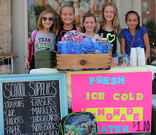 Lemonade for a Cause Five enterprising Sullivan elementary students served lemonade with a purpose on the square last Wednesday.  Darby Harden, owner of Gypsy Soul, where the Lemonade for School Supplies stand was set up on her front sidewalk, explained the students decided to accept school supply donations by selling lemonade. In addition to accepting supplies they were raising funds through donations to help students who need supplies when school begins August 22.  Harden said she would continue to accept school supply donations after the stand closes, turning the supplies and donations over to Sullivan schools. Those hawking lemonade and water for a dollar on the square were: Photo at left (from left) Callie Standerfer, Ruby Haegen, Bella Harden, Tessa Seeley, and Ava Shriver.