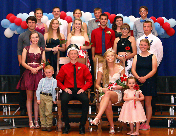 Photo Courtesy Jeni Yantis Okaw Valley Homecoming Court Front - 2016 OV dance co-chair Hannah Landreth, crown bearer prince Parker Wise, 2016 king Skyler Birch, 2016 queen Kristy Burford, crown bearer princess Amelia Wise and 2015 queen Gretchen Macklin.  Middle - senior candidates Brendon Lane, Jasmine Baumbarger, Brianna Creviston, Evan Blakey, Madison Uhlrich and Ty Nichols.  Back - freshmen attendants Chloe Rhyerd and Ethan Bartimus, junior attendants Paige Robinson and Trey Yarnell and sophomore attendants Riley Kesterson and Case Crawford.