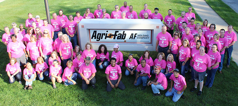 Photo by Mike Brothers Pink Shirts Show Support at Agri-Fab  October is Breast Cancer Awareness month and Agri-Fab employees are going pink to help spread the word. Every Friday during the month of October more than 100 employees wear pink Agri-Fab Breast Cancer Awareness shirts as part of the company’s ongoing community outreach. Money raised from the sale of the pink shirts is donated to Moultrie County Relay for Life.