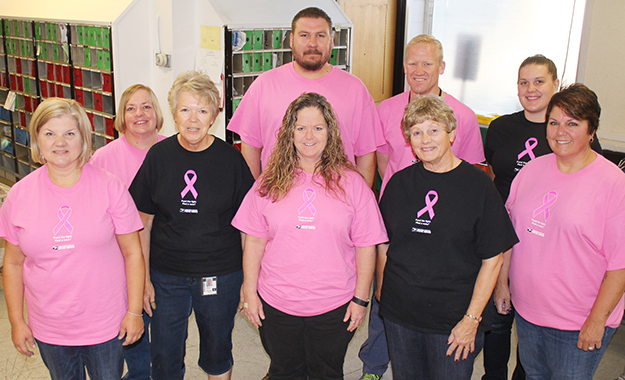 Photo by RR Best Postal in Pink Sullivan postmaster Cindy Temple, Shelby Boyer, Jon Garvey, Kyle Wickline, Malora Lowery, Doris Williamson, Jackie James, Joy Byers and Leanna Fletcher are increasing breast cancer awareness through October. All employees at Sullivan and Windsor post offices bought shirts to show support during breast cancer awareness month.