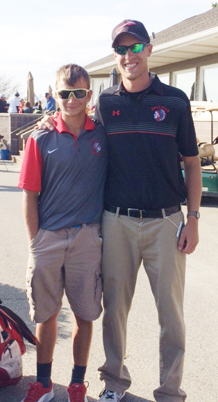 Photo furnished State Golfer After Sullivan boys goldf was third in the Regionals, Leighton Burcham played a great round at the Watseka Sectional shooting a personal best 80. He got ninth as an individual in the sectional which qualified him for state. Going to state was a great accomplishment. Pictured Leighton and coach Ben Richter at State.