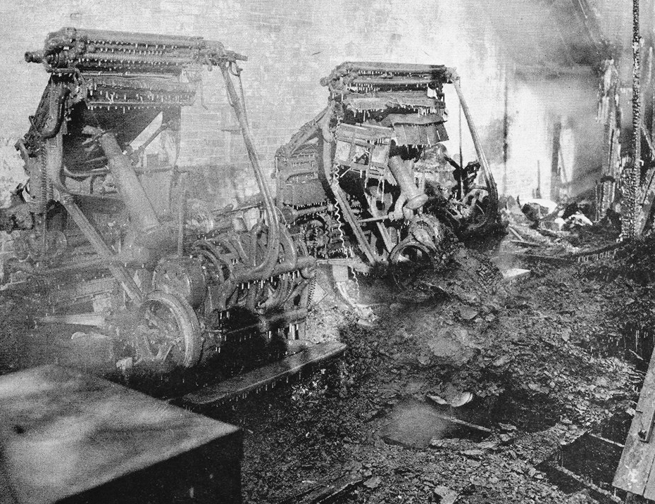 The Moultrie County News had a fire that destroyed their building and contents in January of 1948. Pictured above are Linotype machines that were destroyed by the fire. Please submit photos to the News Progress for future consideration. Originals will be saved for return or forwarded to Moultrie County Historical Society. If you have any other information, please contact the Moultrie County Historical Society at 217-728- 4085.