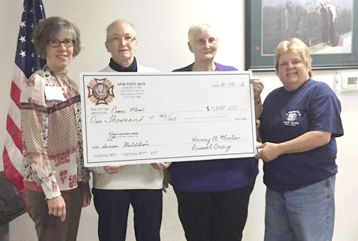 Photo by Eric Kenney VFW Auxiliary Donates to Peace Meal  The Sullivan VFW Post 6410 Women’s Auxiliary presented a check for $1000.00 to the director of Peace Meal/Seniors Nutrition Program Left to right: Barbara Wylie - Sarah Bush Lincoln Peace Meal Director, Reva Martin, Sullivan Site Supervisor, Valerie Turnbow, Auxiliary Treasurer and Terrie Punches, VFW Post # 6410, Women’s Auxiliary President. Peace Meal is funded only partially with state and federal funds, and nearly 60% of the funds must come from local donations. The Community Services Grant will help fund Meals on Wheels for one year. In addition the Auxiliary serves a Friday night meal at the Post for seniors at special reduced rates.