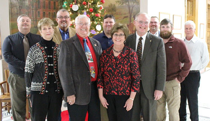 Photo by Mike Brothers The Moultrie County Board reorganized after the election with the first meeting held Dec. 15. Pictured from left: Kevin McReynolds, Arlene Aschermann, Gary Smith, vice chair Ron White, Mike Barringer, County Clerk Georgia England, board chair Dave McCabe, Bill Voyles, Tim Rose and Todd Maxedon.